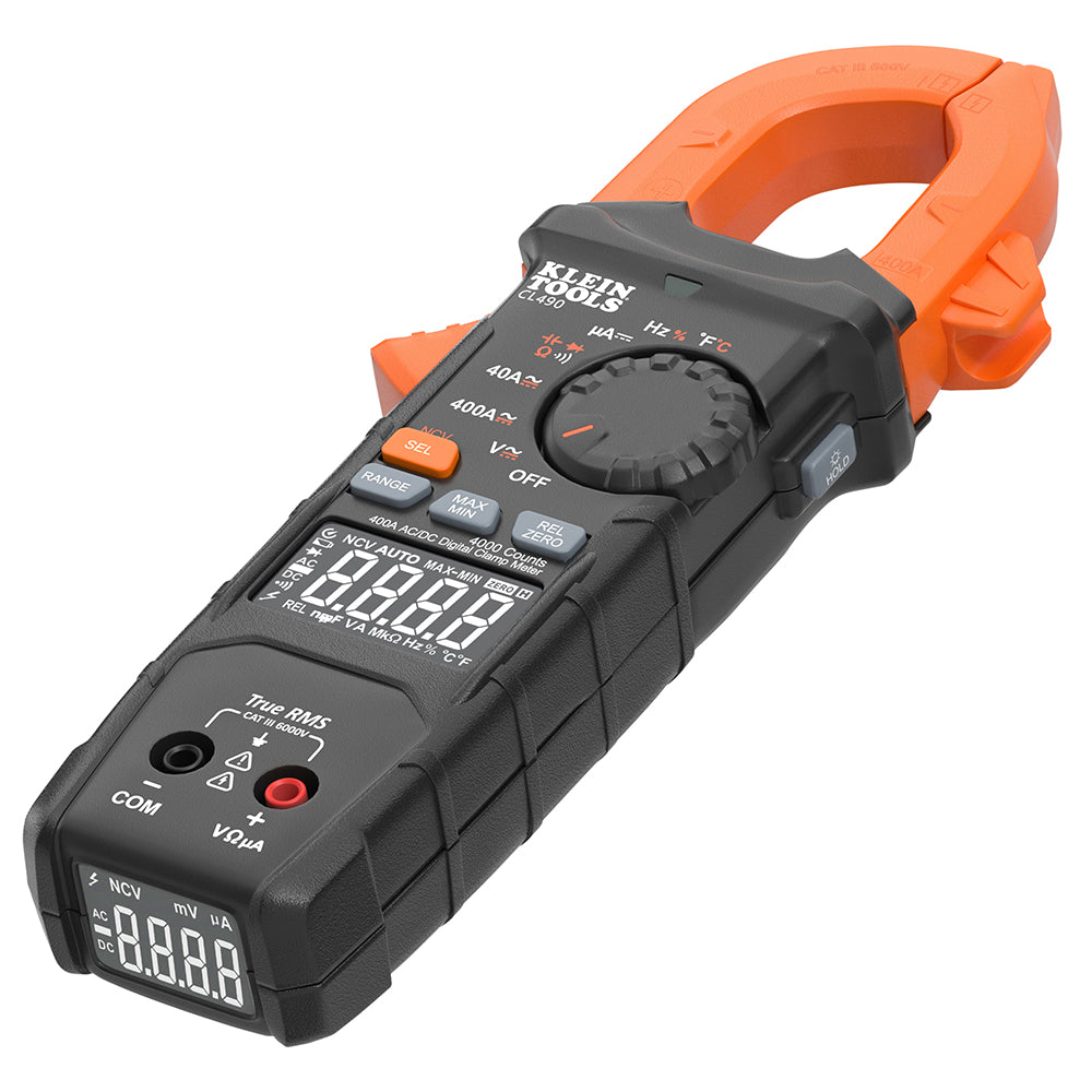 Klein Tools multimeter with orange clamp on a white background