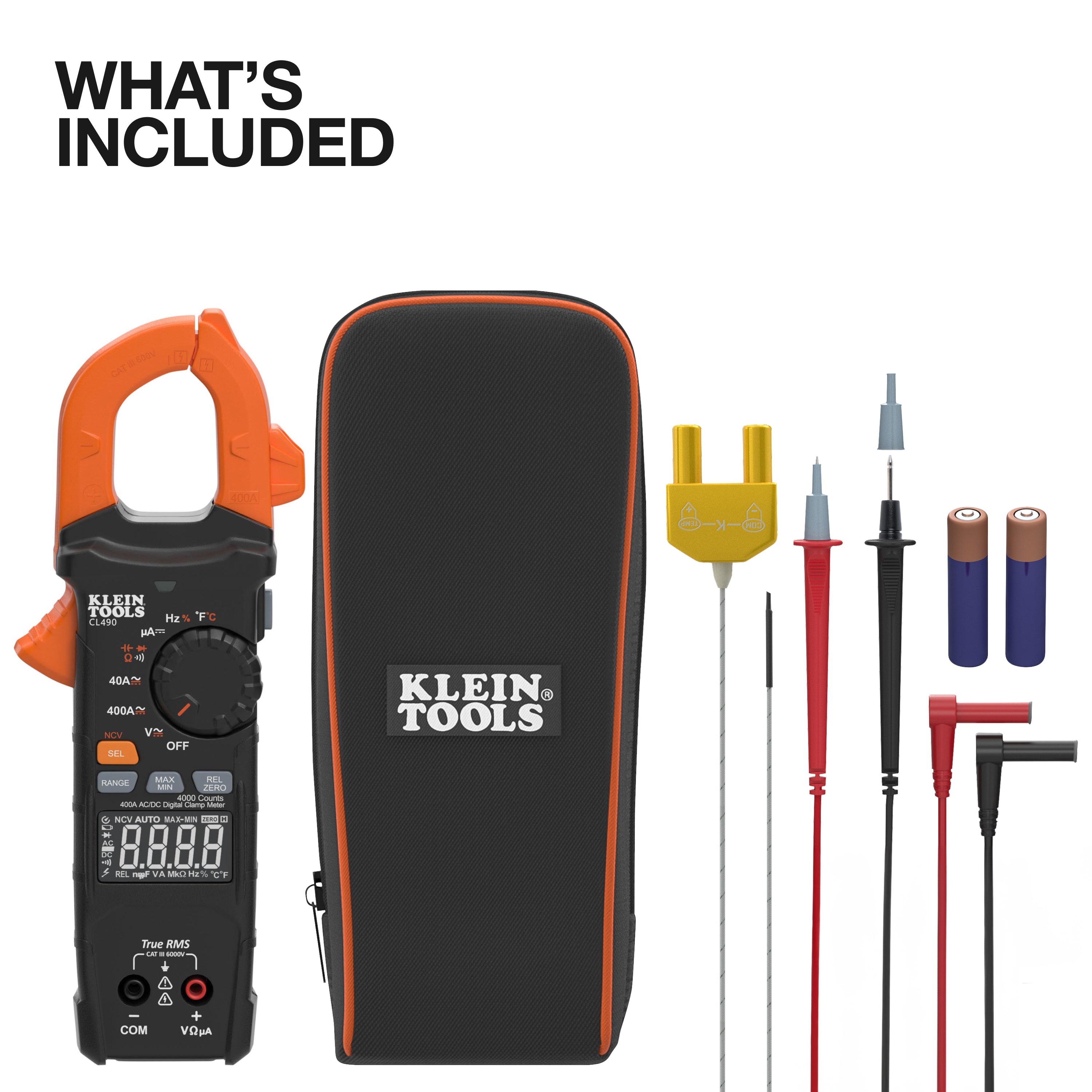 Klein Tools multimeter, carrying case, and accessories on a white background
