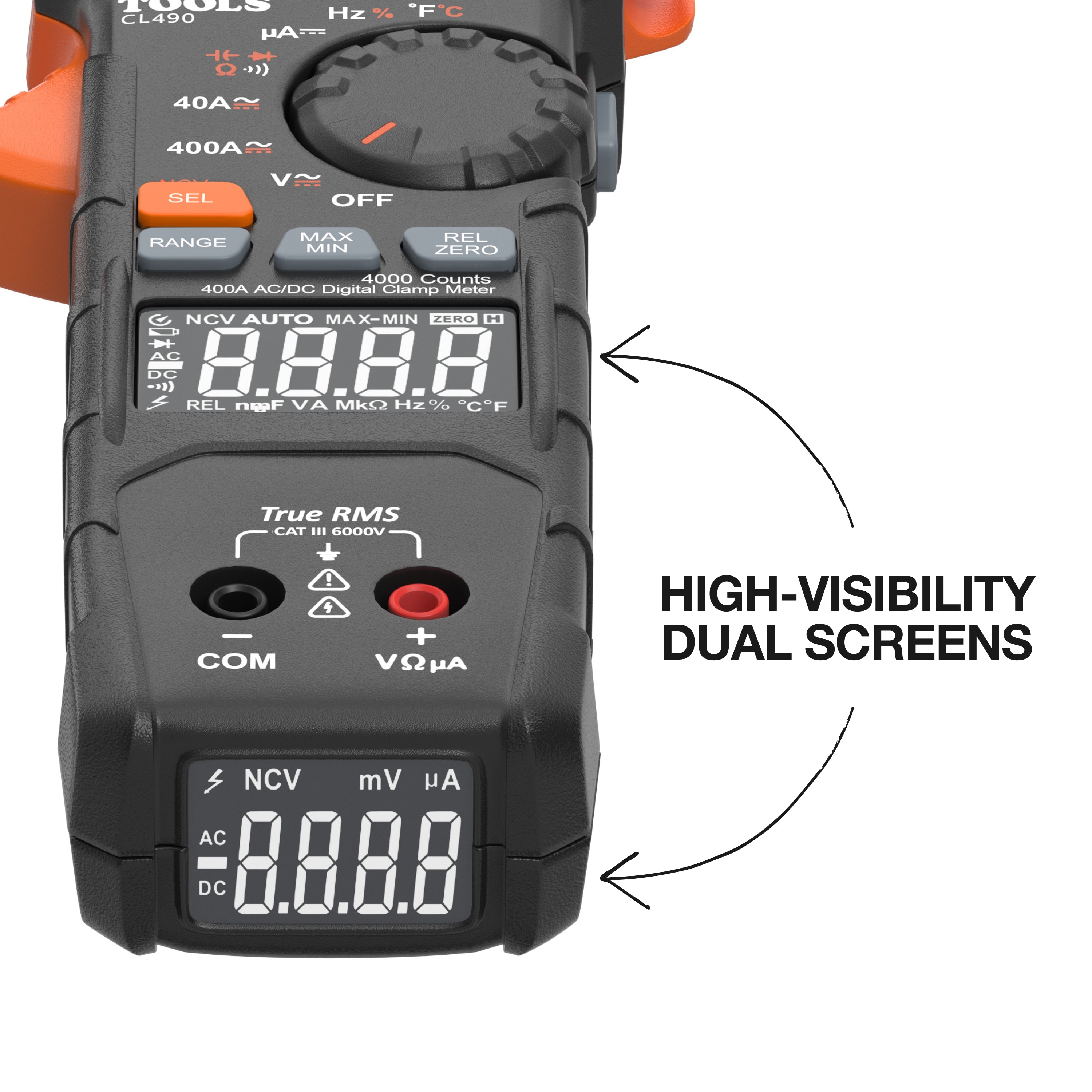 Multimeter with high-visibility dual screens on a white background