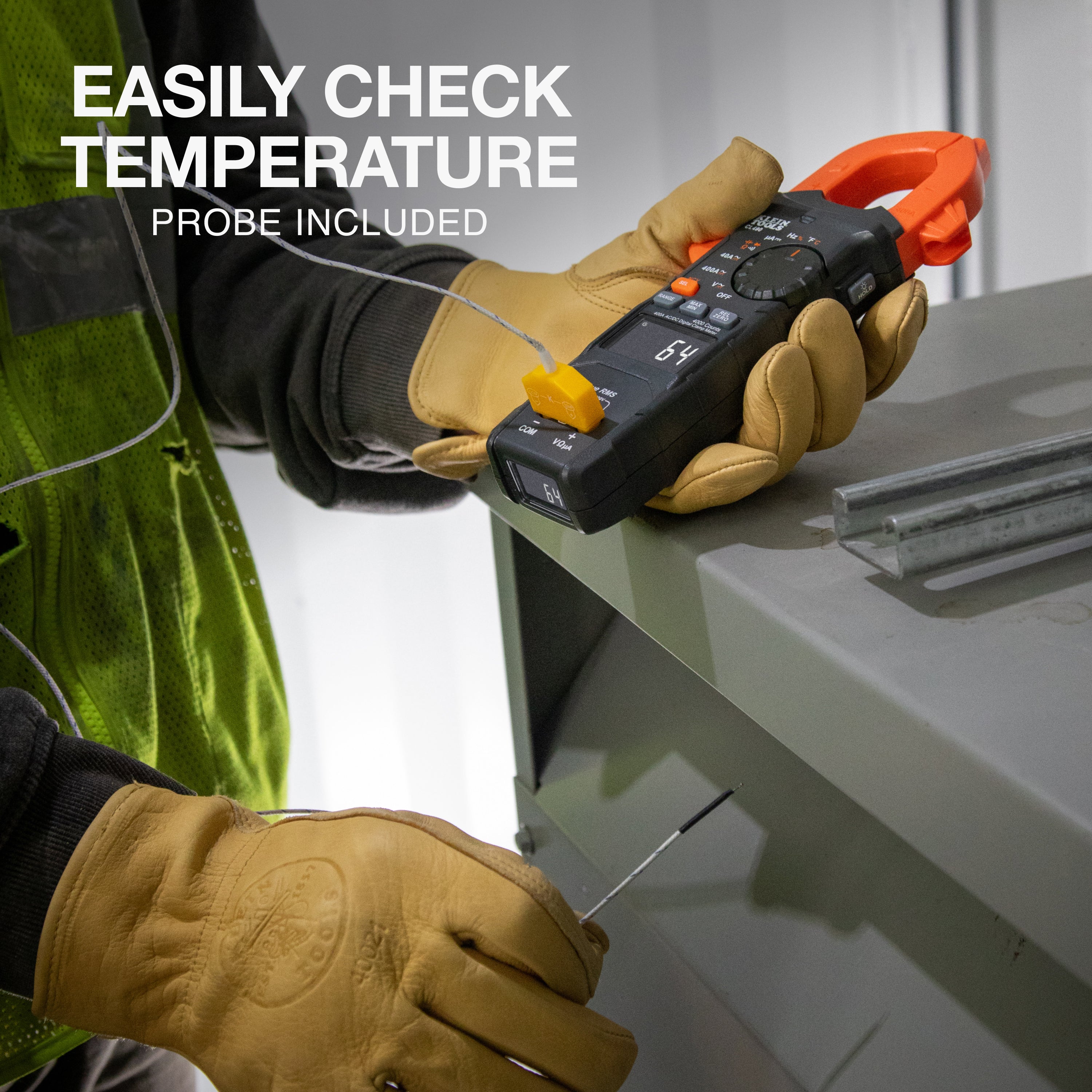 Person wearing gloves holding a digital thermometer with text 'Easily Check Temperature' and 'Probe Included'.