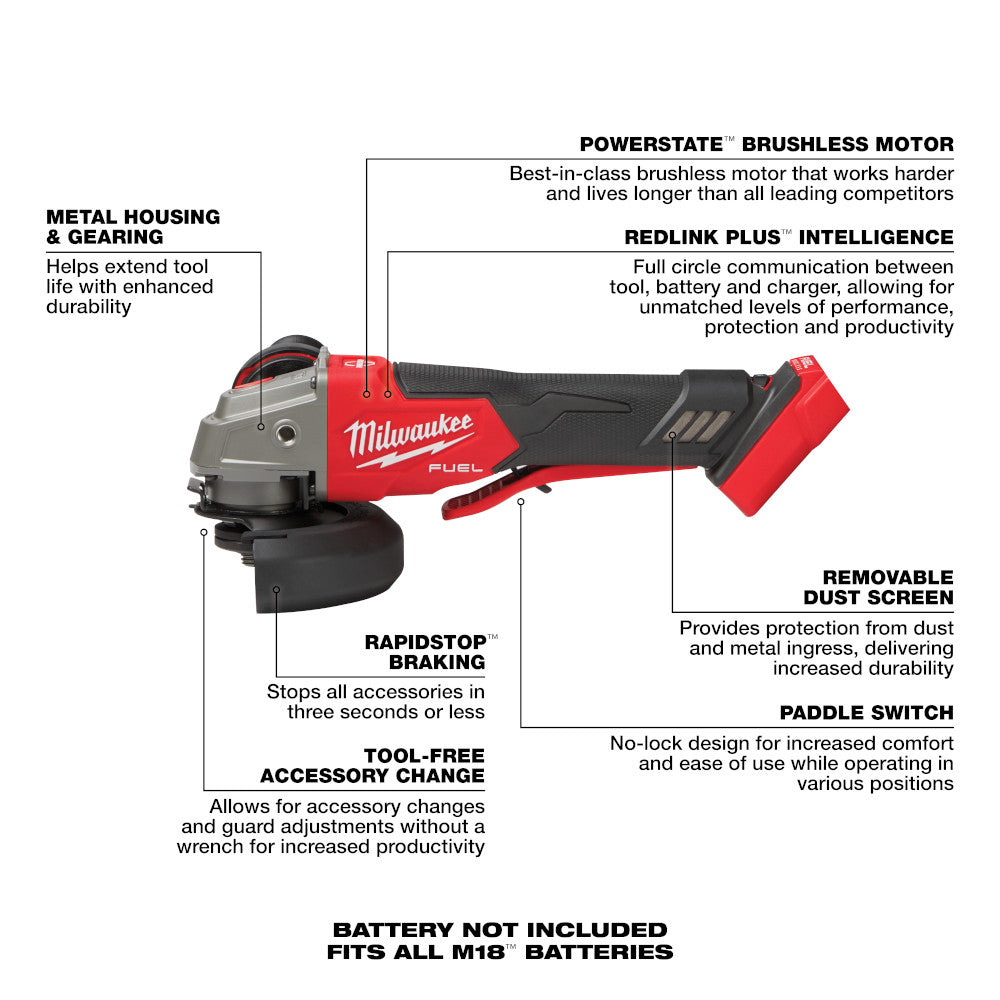 MILWAUKEE 2888-20 M18 FUEL VS, BRAKING GRINDER, PADDLE BARE  5 Inches