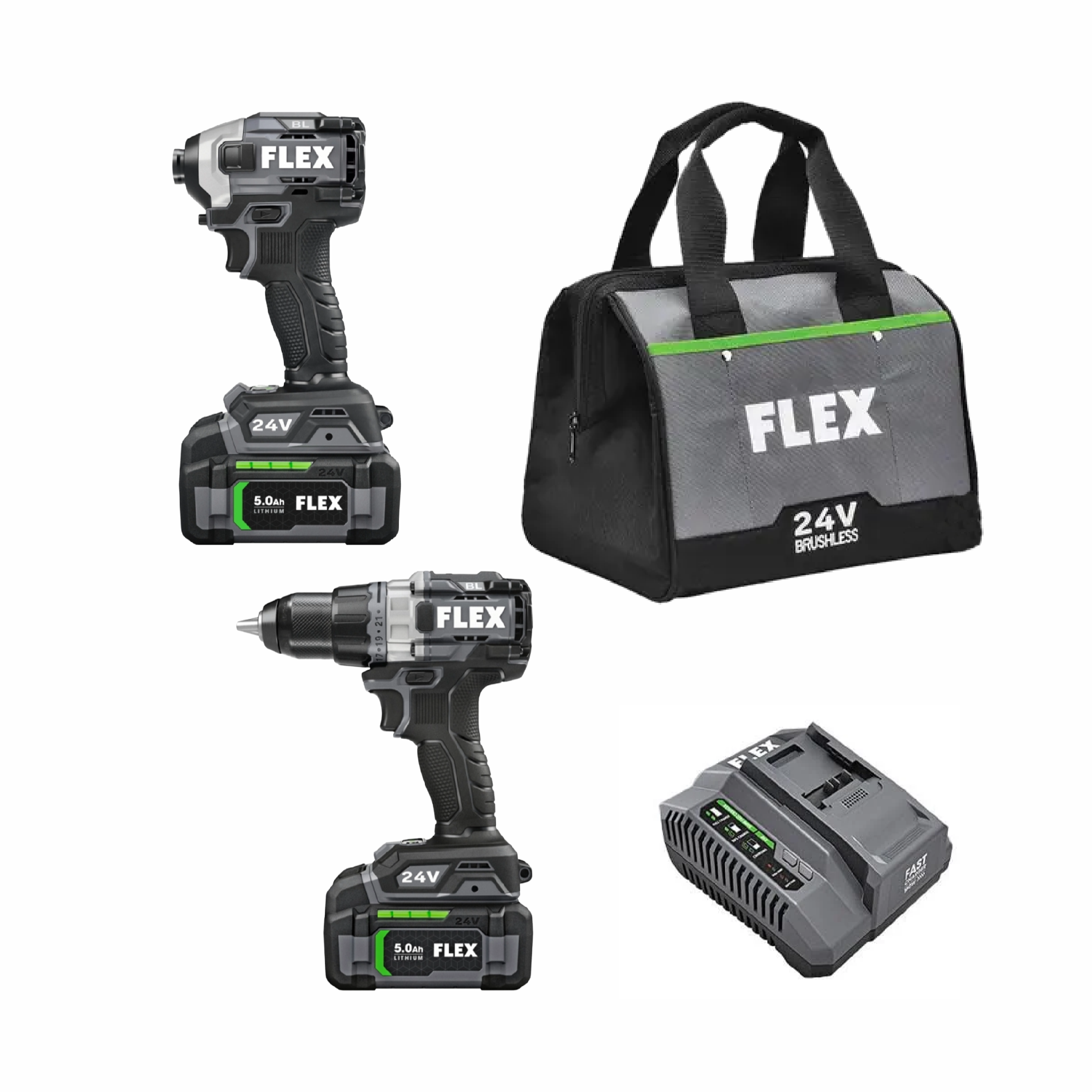 Flex FXM202-2B Turbo Hammer Drill + Quick Eject Impact Driver Kit (1x2.5Ah + 1x5.0Ah)