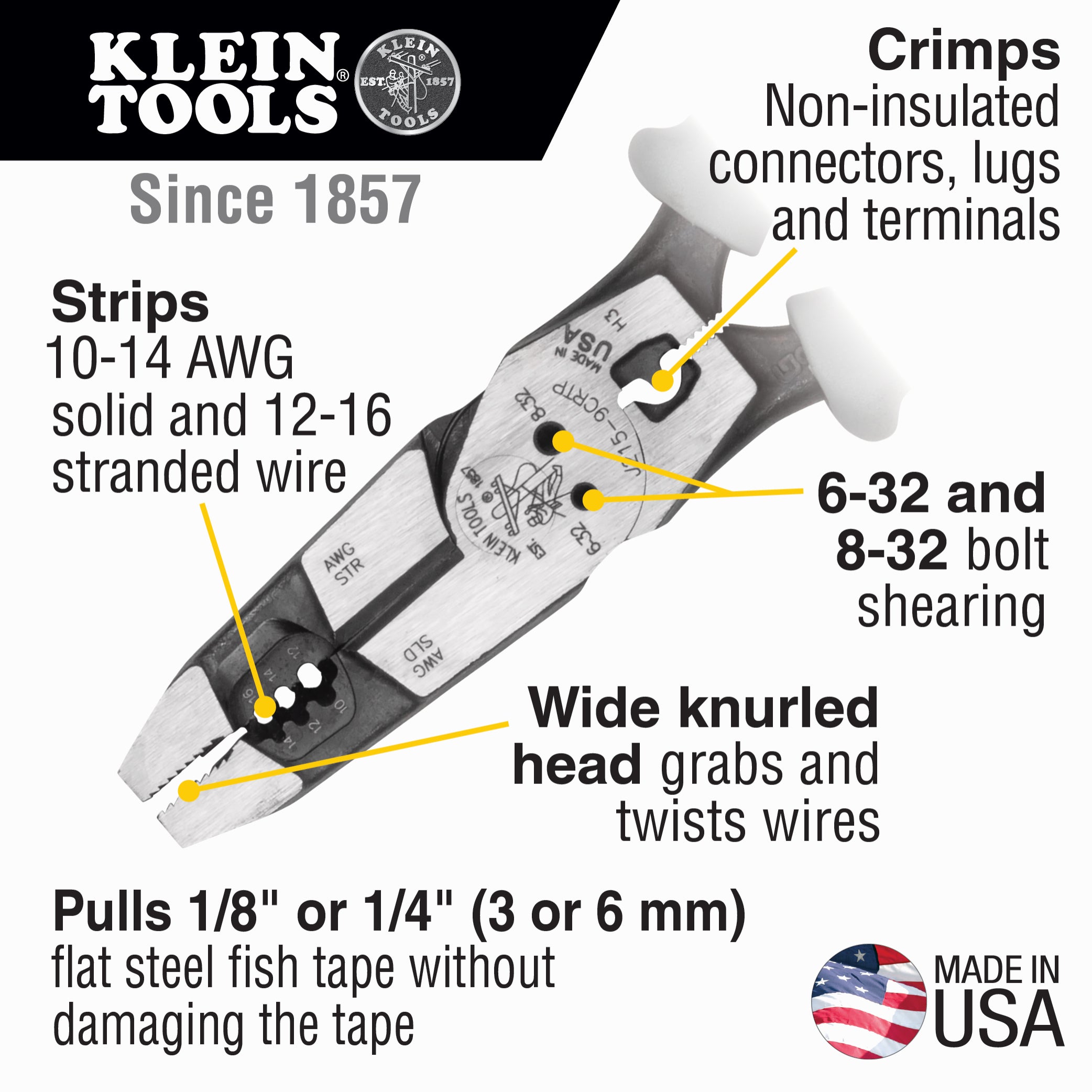 Klein J2159CRTP Hybrid Pliers w/Crimper Fish Tape Puller & Wire Stripper