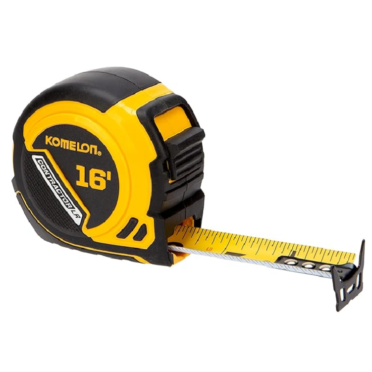 Yellow and black tape measure with 'Komelon' branding on a white background