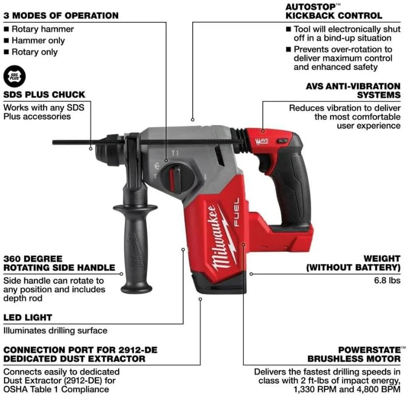 Milwaukee 2912-20 M18 FUEL 18-Volt Lithium-Ion 1 in. Cordless Brushless SDS Plus Rotary Hammer (Tool Only)