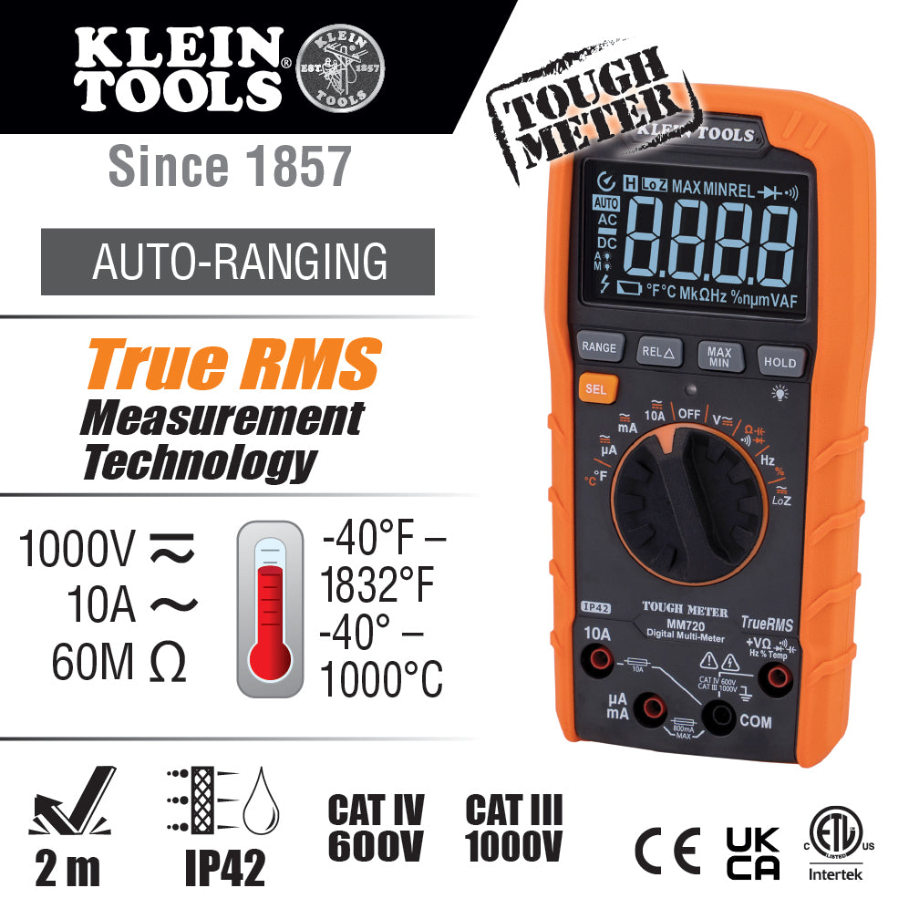 Klein MM720 Digital Multimeter TRMS Auto-Ranging 1000V Temp Low Impedance