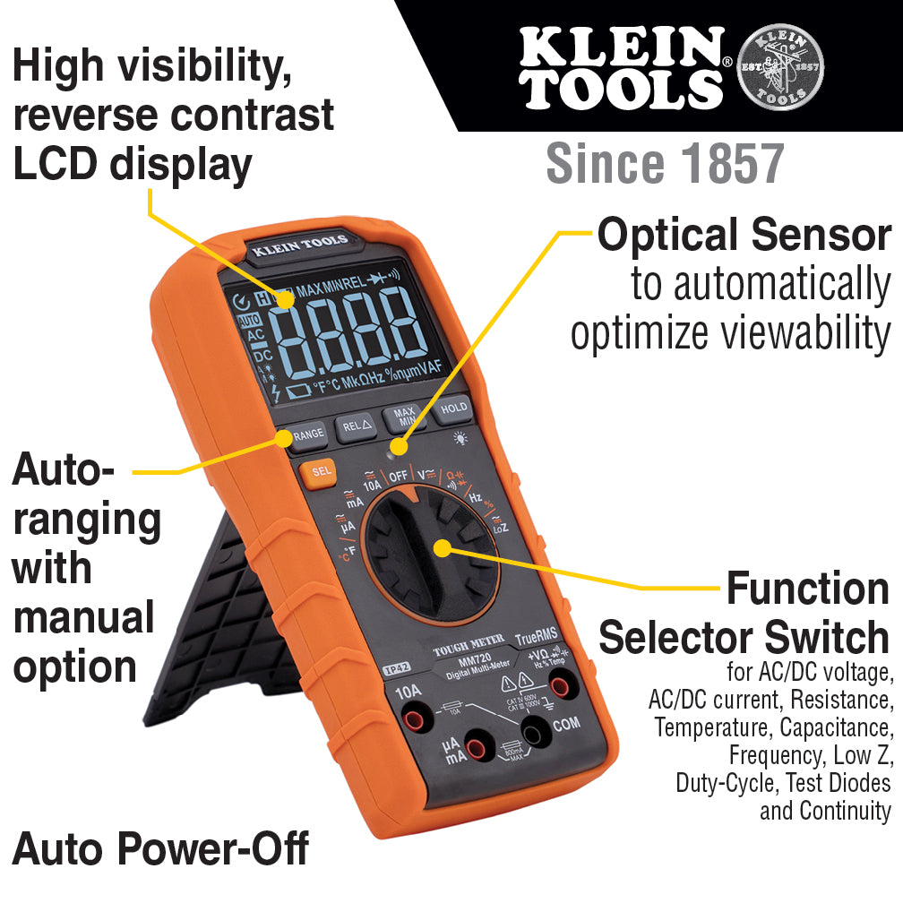 Klein MM720 Digital Multimeter TRMS Auto-Ranging 1000V Temp Low Impedance
