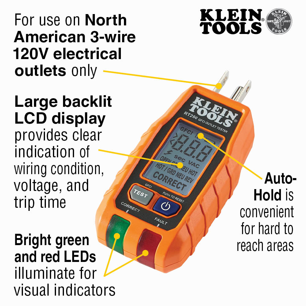 Klein RT250 GFCI Receptacle Tester With LCD