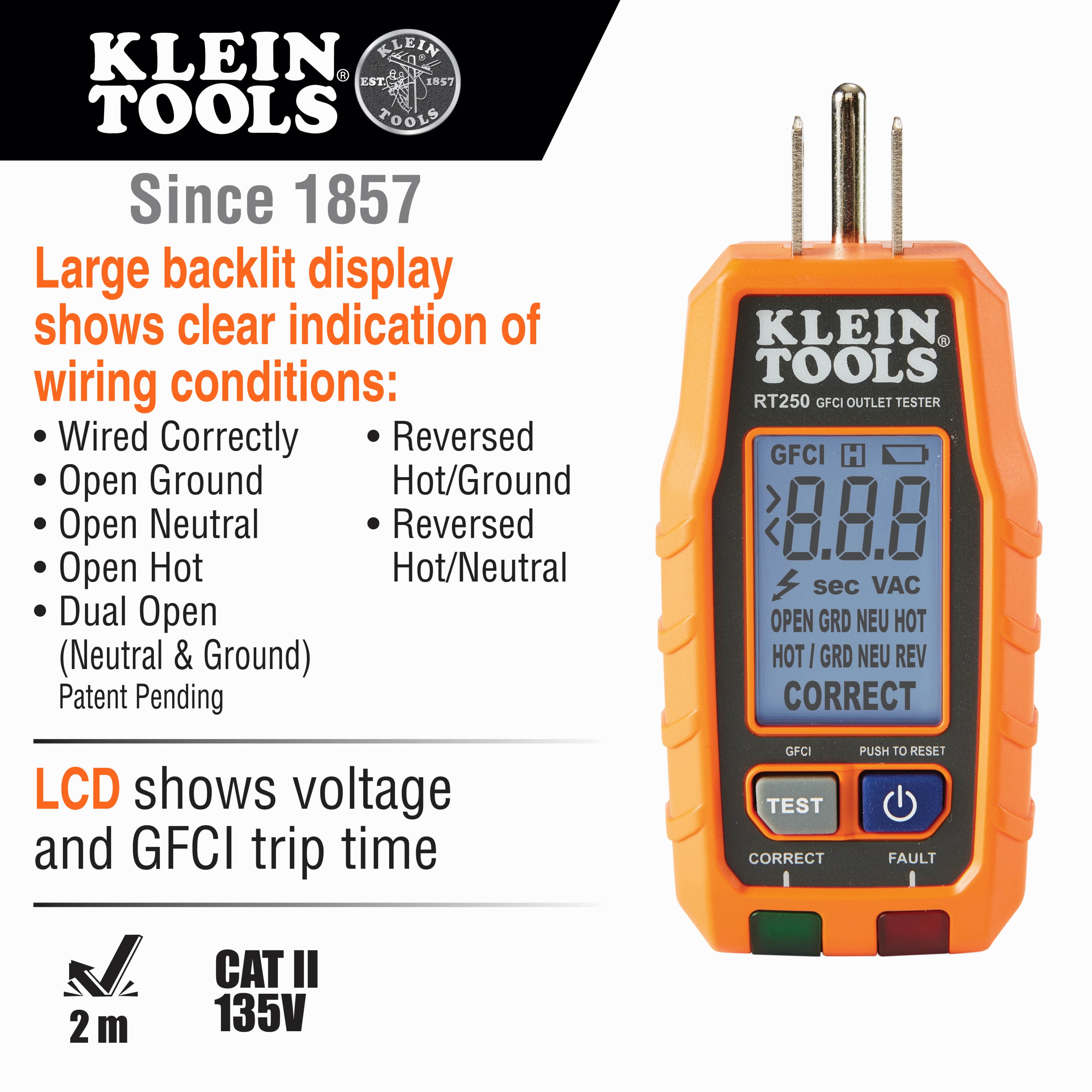 Klein RT250 GFCI Receptacle Tester With LCD