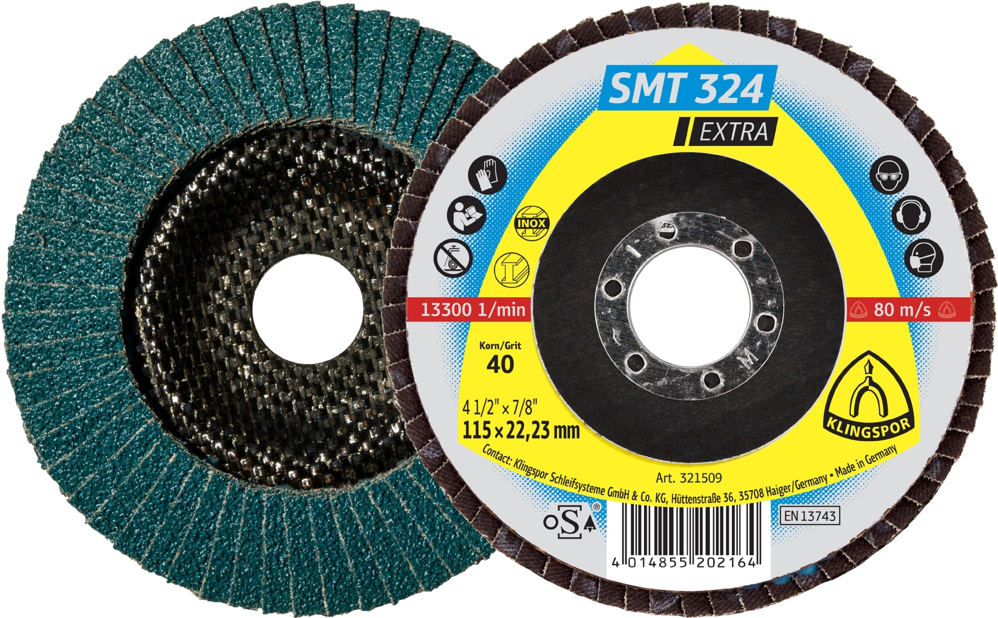 KLINGSPOR 321509 SMT 324 CONVEX FLAP DISC 4-1/2"X7/8" X 40G