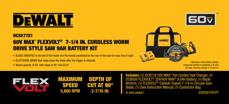 Dewalt DCS577X1 FlexVolt 60V MAX 7-1/4 in. Cordless Worm Drive Style Saw 9.0Ah Kit
