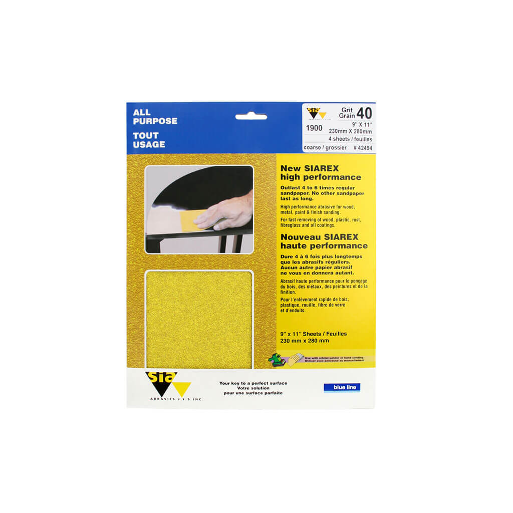 SIA 42494 Blue Line 9 in. x 11 in. 40-Grit Coarse High Performance Sandpaper (4-Sheet)