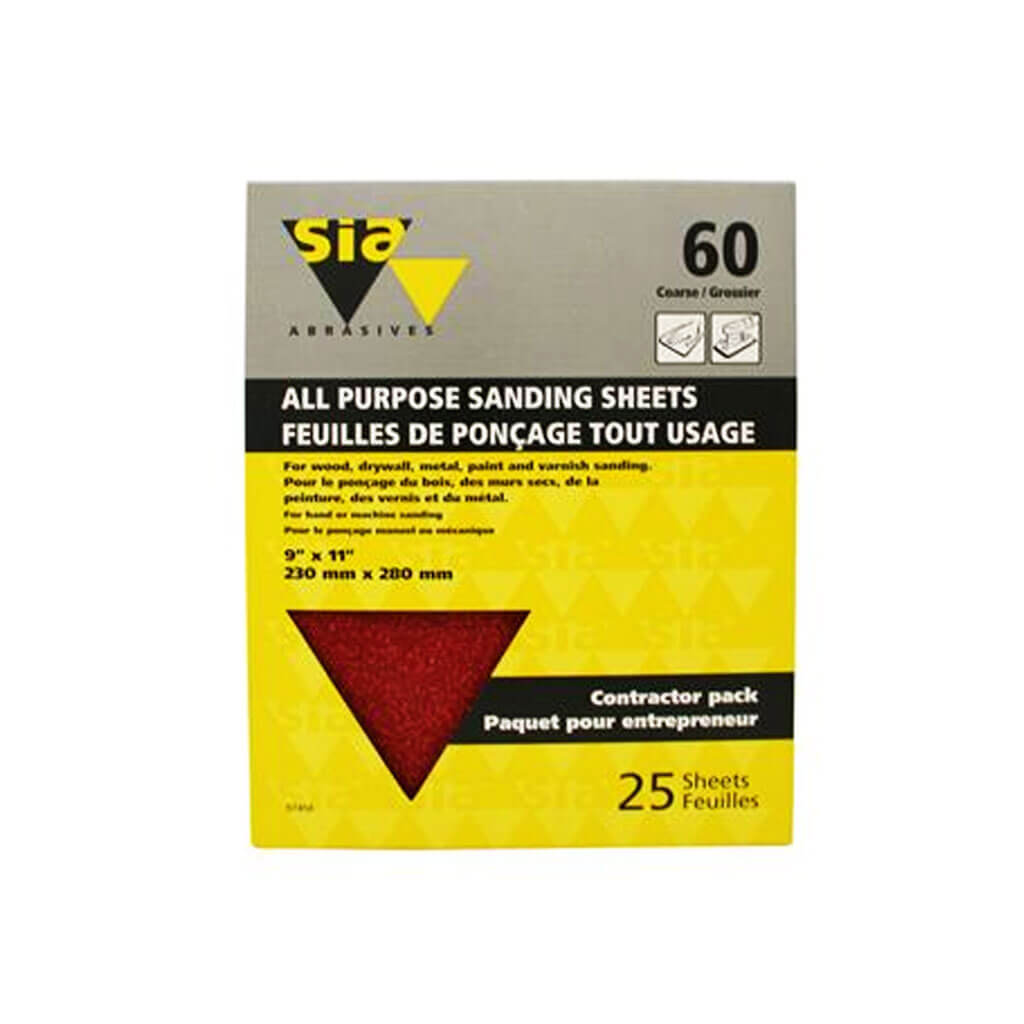 SIA 57450 9 in. x 11 in. 60-Grit Coarse Sandpaper Sheet (25-Sheet)