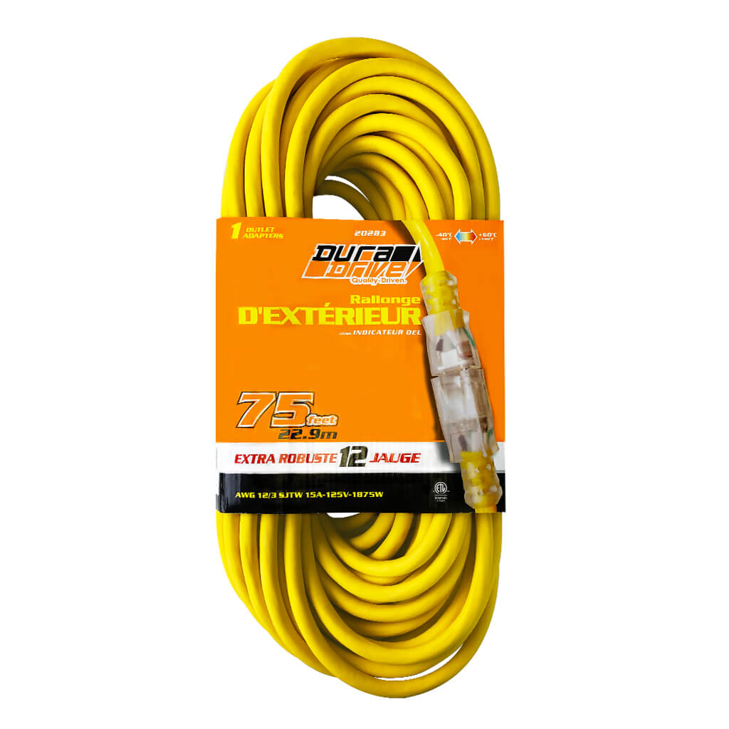 DuraDrive 75 ft. 12/3 SJTW Lighted Single Tap Power Extension Cord