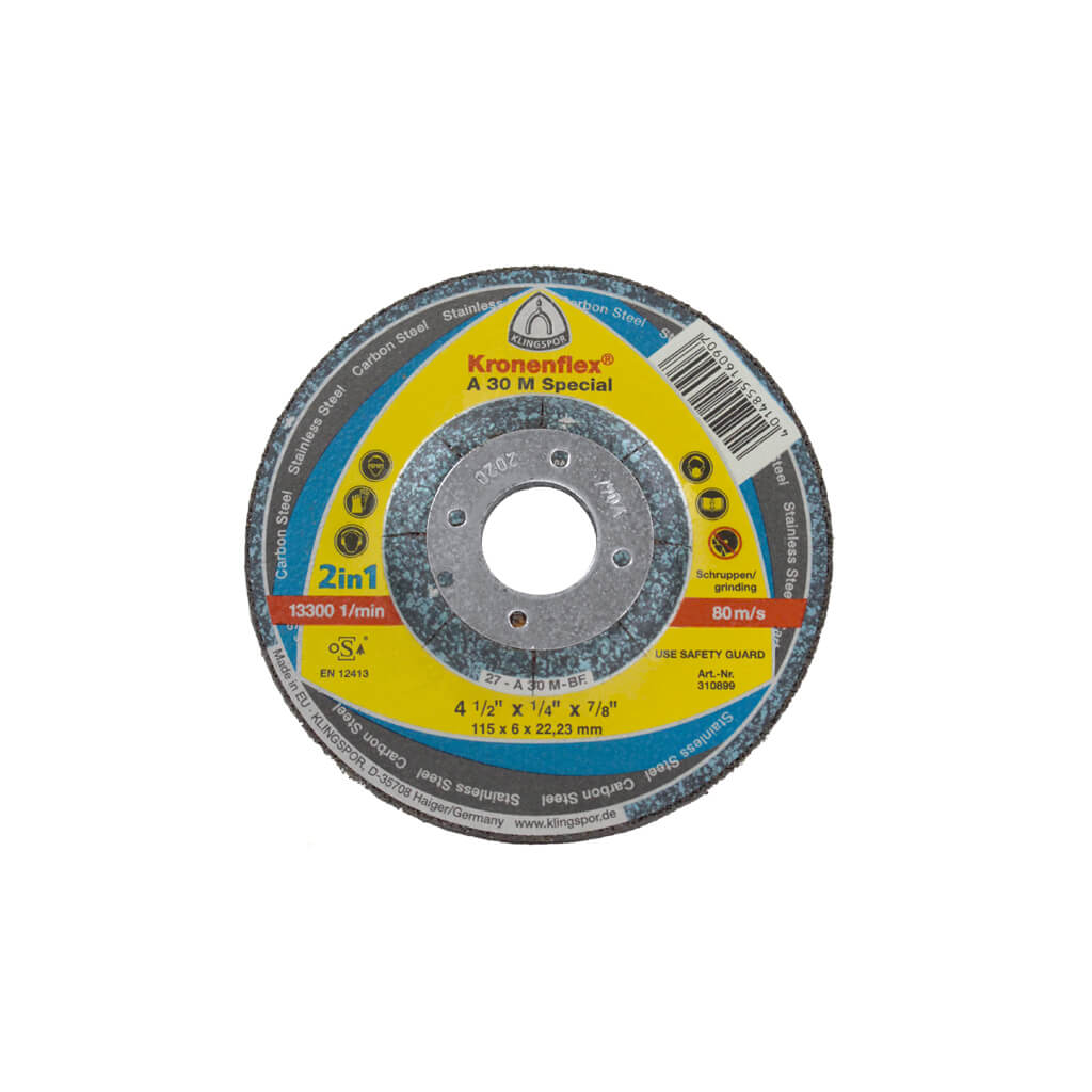 KLINGSPOR 310899 A 30 M Special 4-1/2 in. x 1/4 in. x 7/8 in. Kronenflex Depressed Centre Grinding Disc for Stainless Steel and Steel