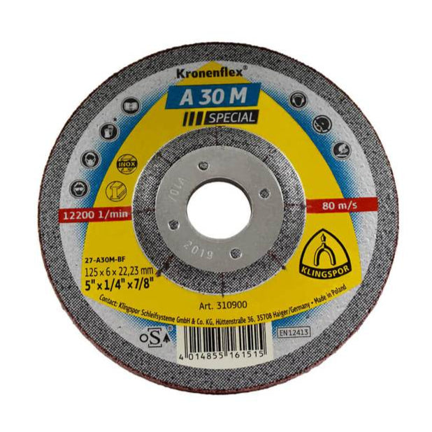 KLINGSPOR 310900 A 30 M Special 5 in. x 1/4 in. x 7/8 in. Kronenflex Depressed Centre Grinding Disc for Stainless Steel and Steel