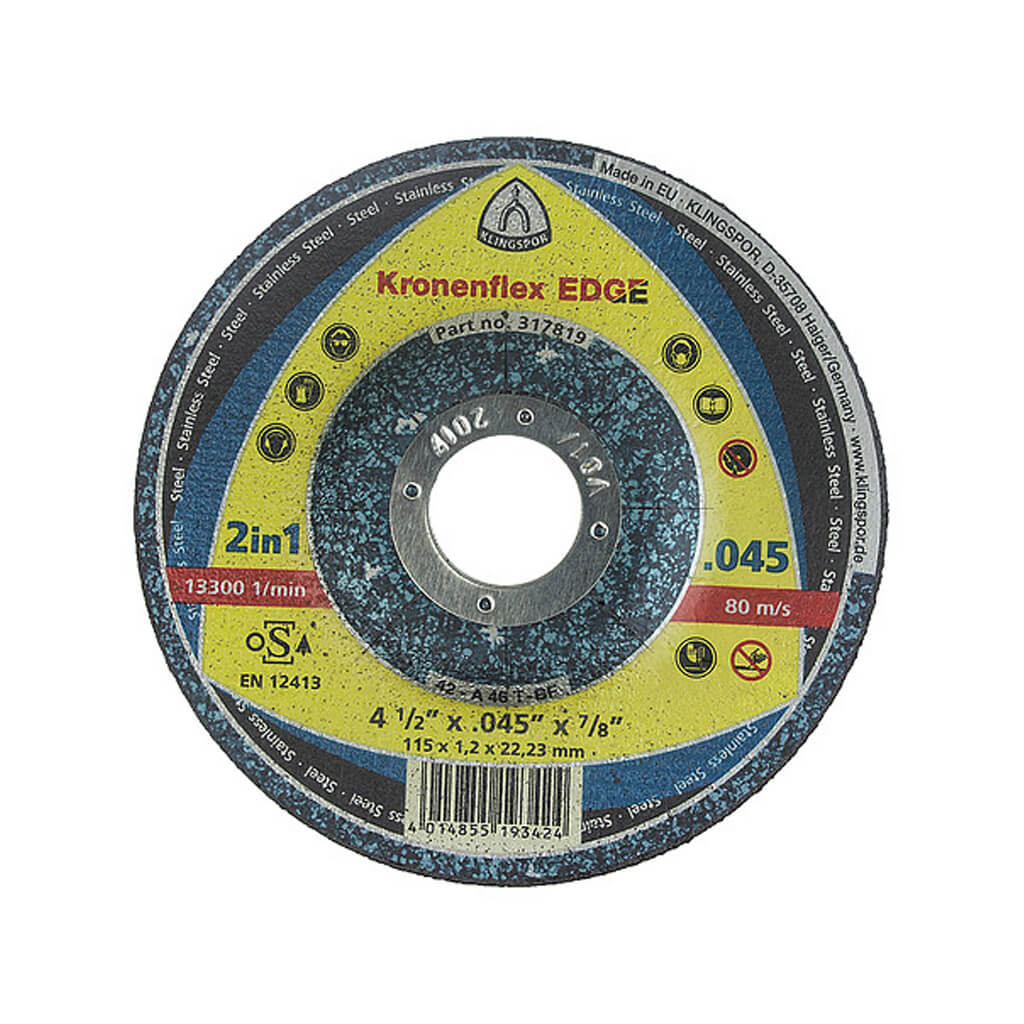 KLINGSPOR 317819 EDGE 4-1/2 in. x 0.045 in. x 7/8 in. Kronenflex Depressed Centre Cut-Off Wheel For Stainless Steel And Steel