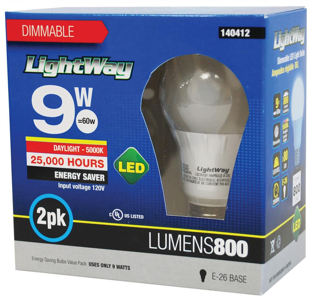 Toolway 140412 9-Watt 800-Lumen Dimmable LED Light Bulb (2-Pack)