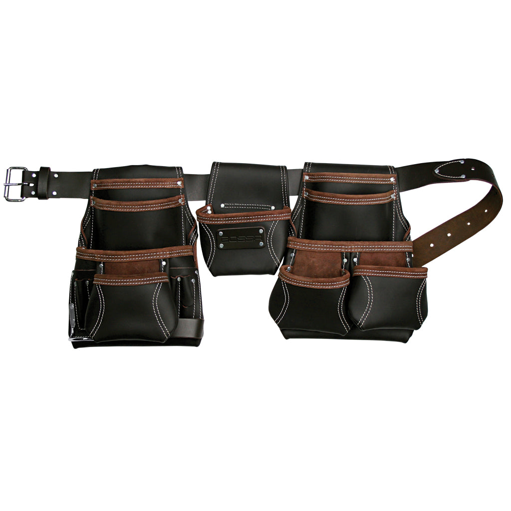 BOSSA 16-Pocket Black and Dark Brown Top Grain Leather Combo Tool Pouch with Belt