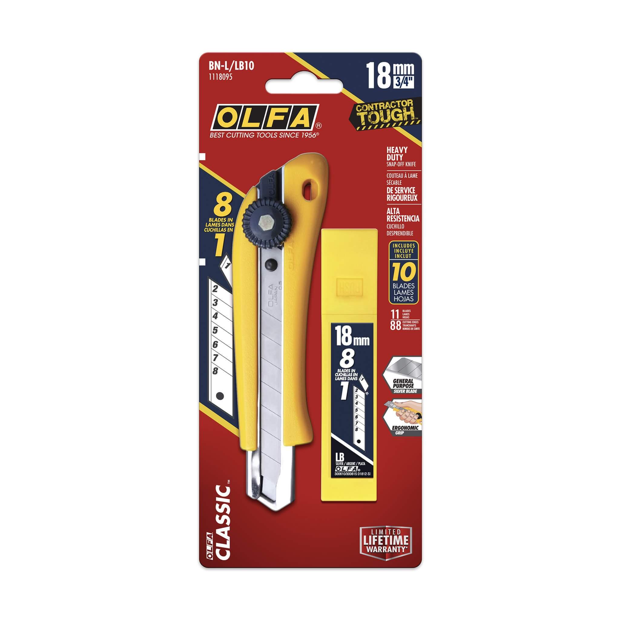 OLFA 1118095 BN-L/LB10B 18mm Heavy-Duty Ratchet Lock Snap-Off Utility Knife with 10-Blade Combo Set