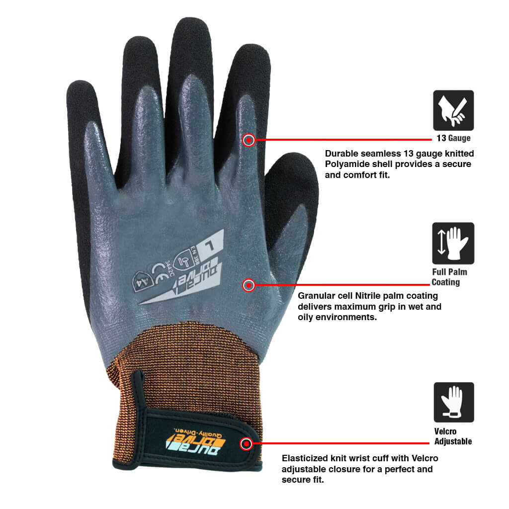 DuraDrive Grey BARRICADE Nitrile Double Dipped Liquid Resistant Work Gloves for Wet & Oily Environments