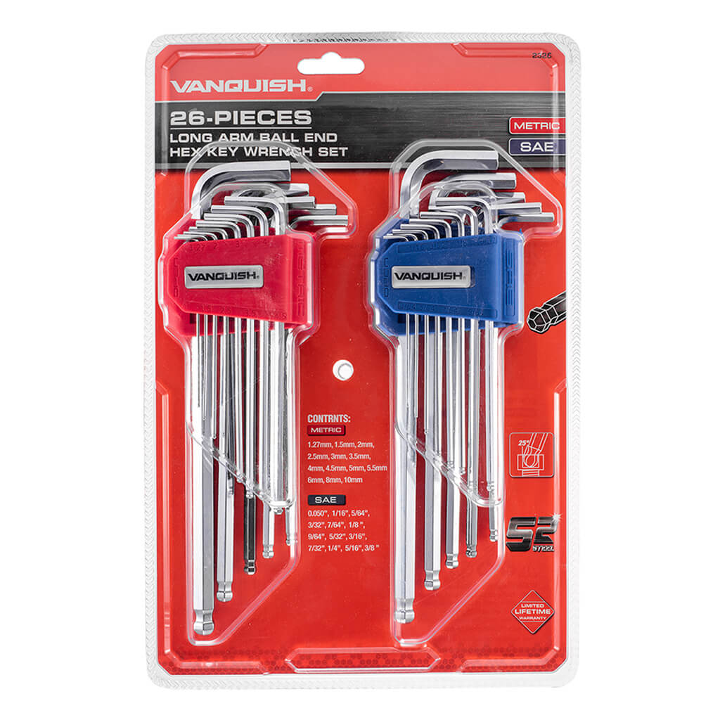 VANQUISH 2326 SAE and Metric Long Arm Ball End Hex Key Wrench Set (26-Piece)