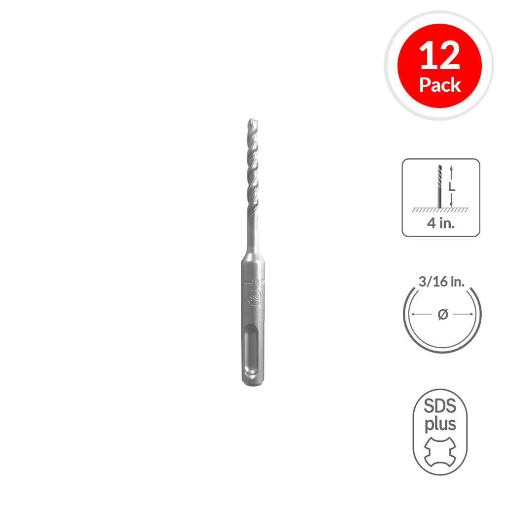 SABERCUT 3/16 in. x 4 in. SDS PLUS 3-Cutter Carbide Tip Concrete & Rebar Drill Bit (12-Pack)