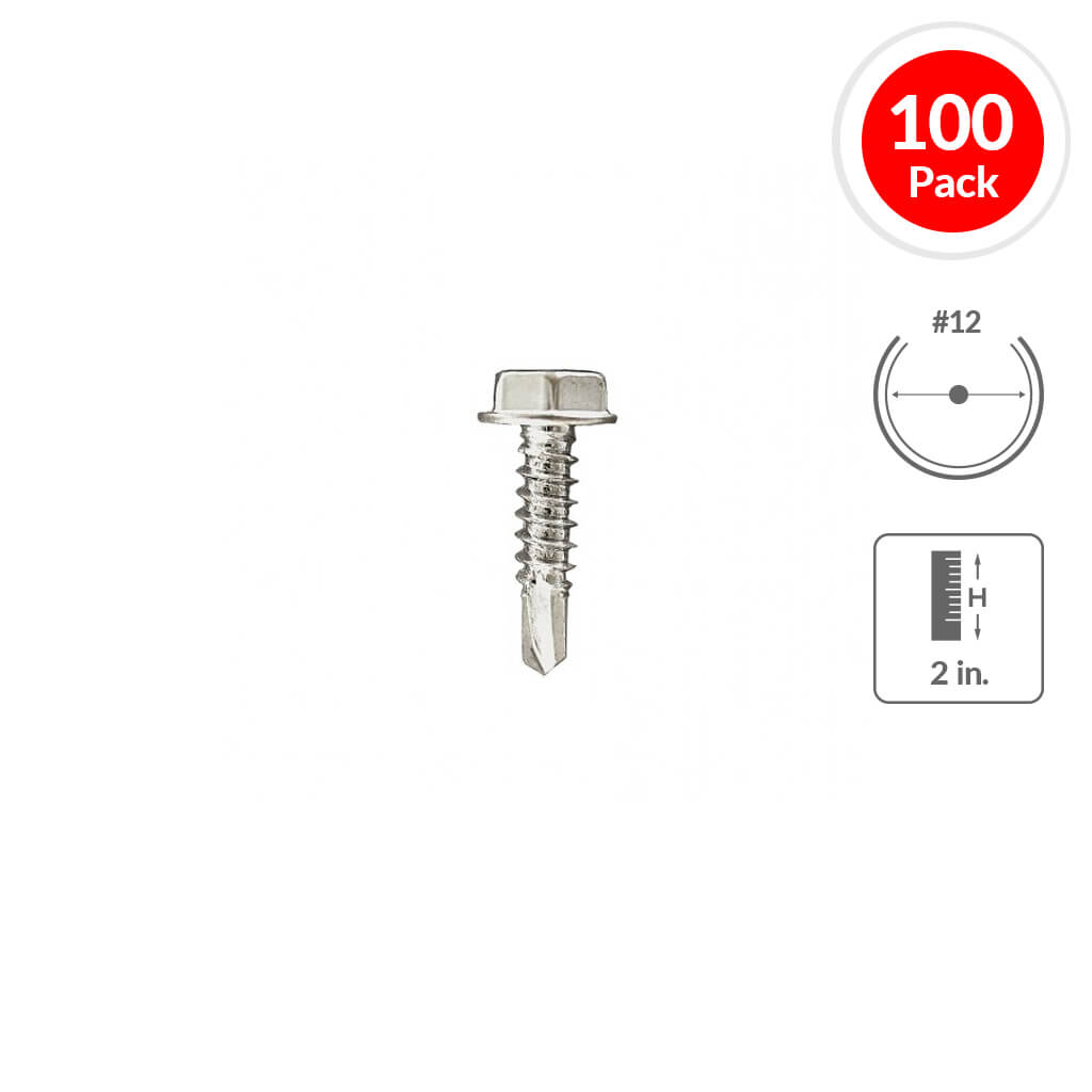 H Paulin 232-089 #12 x 2 in. Zinc Plated Hex Washer Head Self-Drilling Tek Screw (100-Pack)