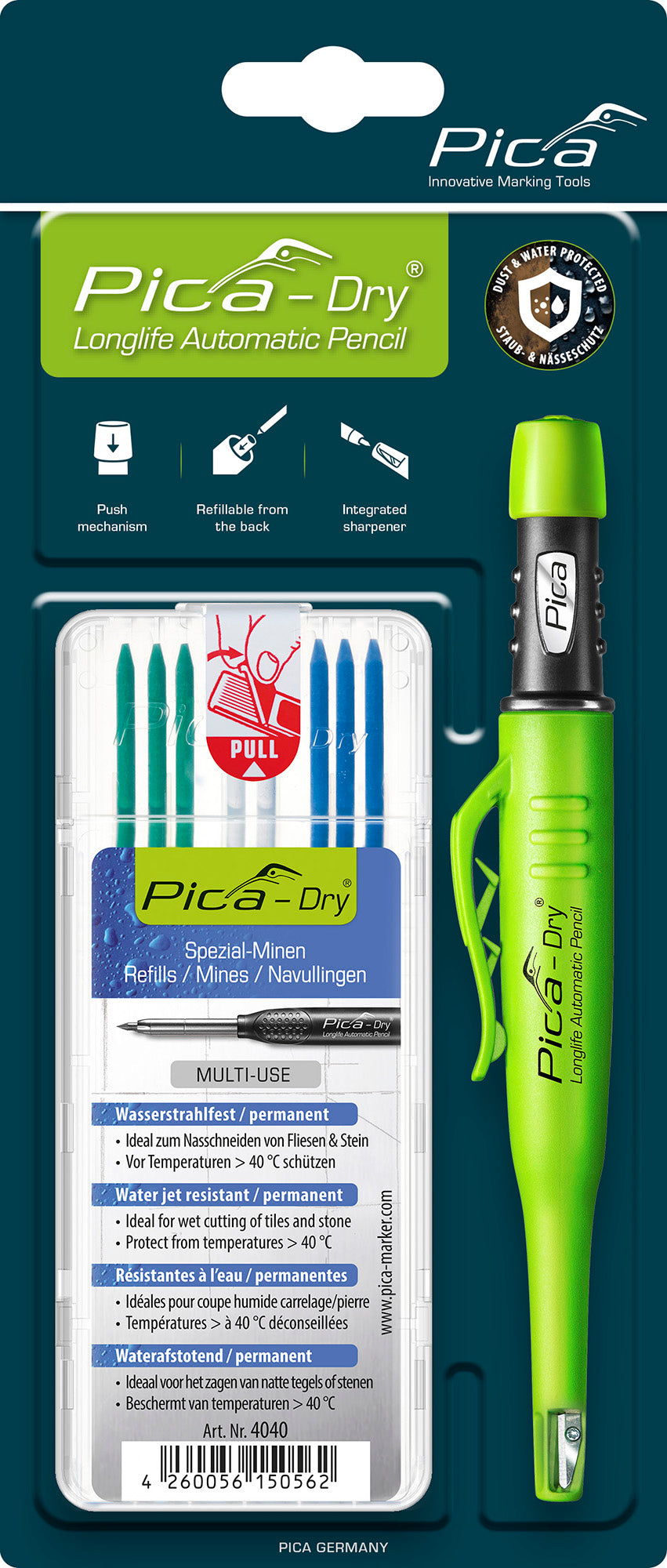 PICA Dry Longlife Automatic Pencil and Refill Bundle (Green/White/Blue)