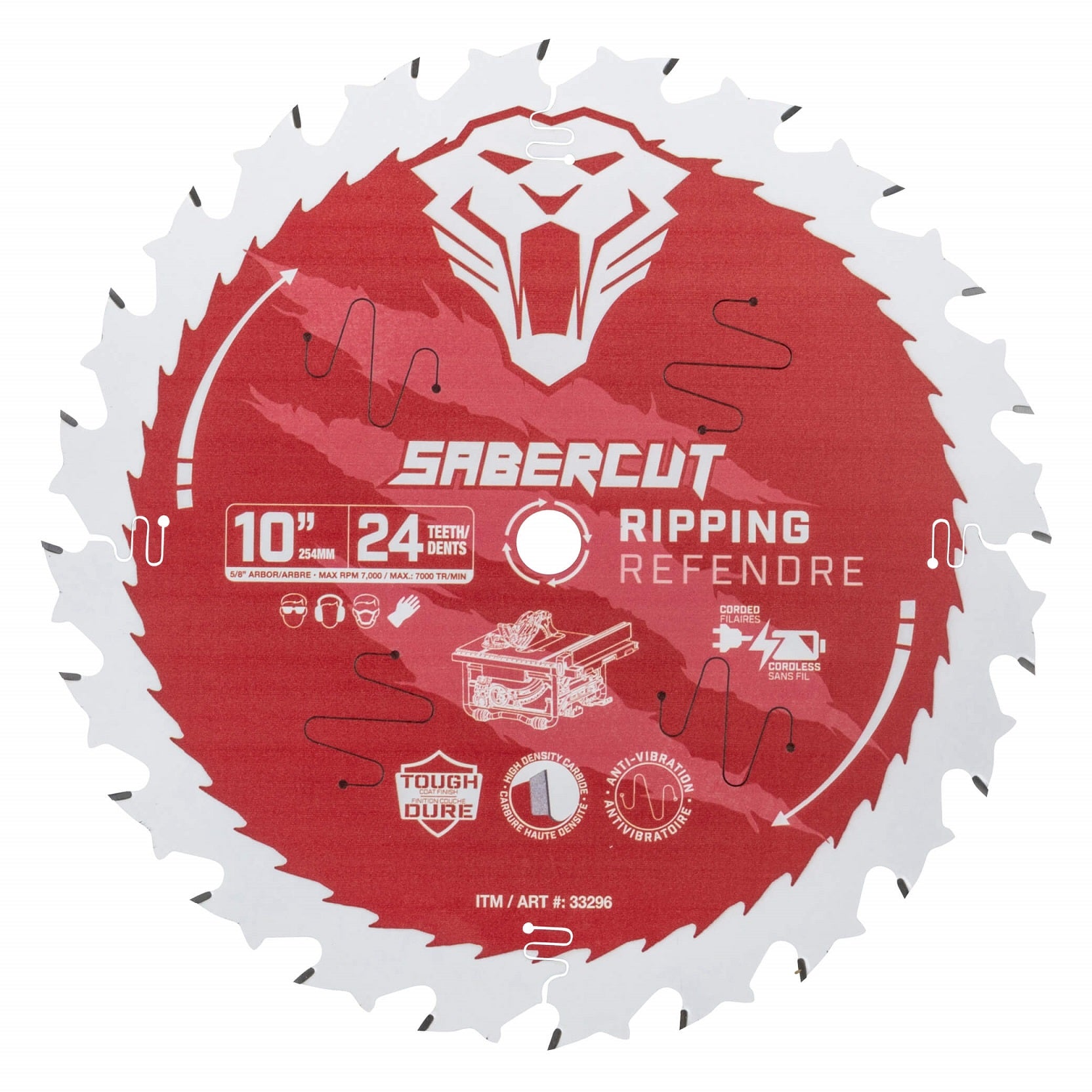 SABERCUT RED LABEL TABLE SAW BLADE, RIPPING, 10" X 5/8" X24T