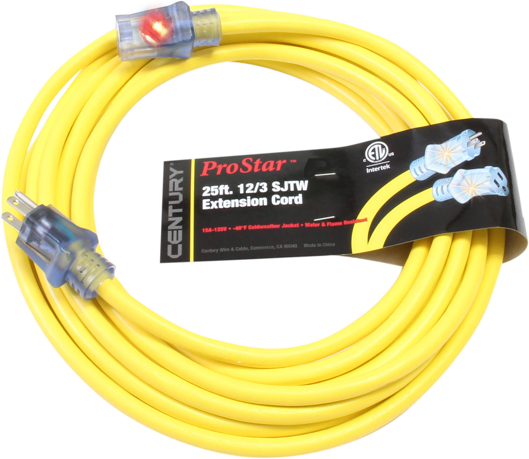 Century D11712025YL Extension Cord 12/3 SJTW 25' Single Tap